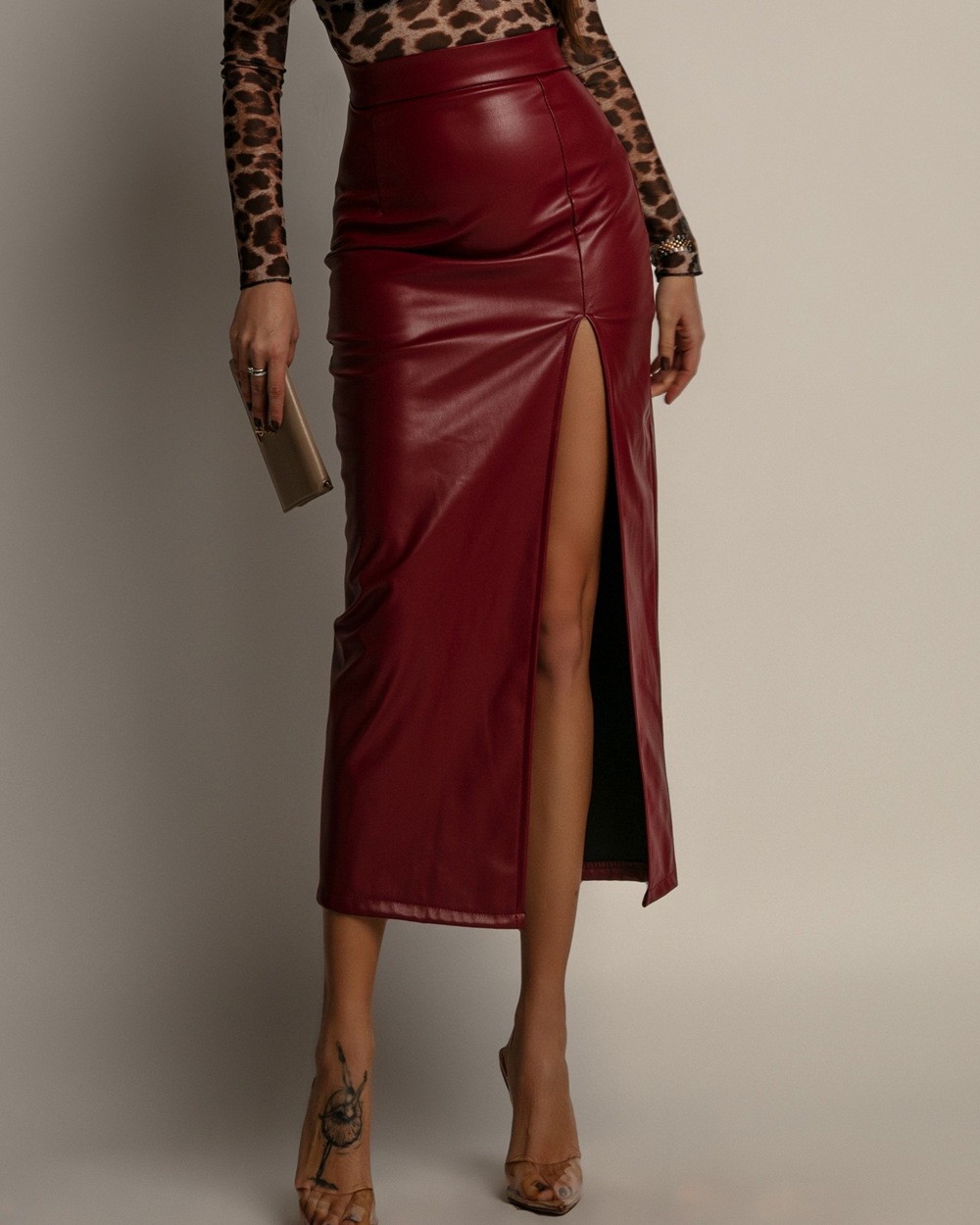 PU High Waisted Slim Fit Split Skirt