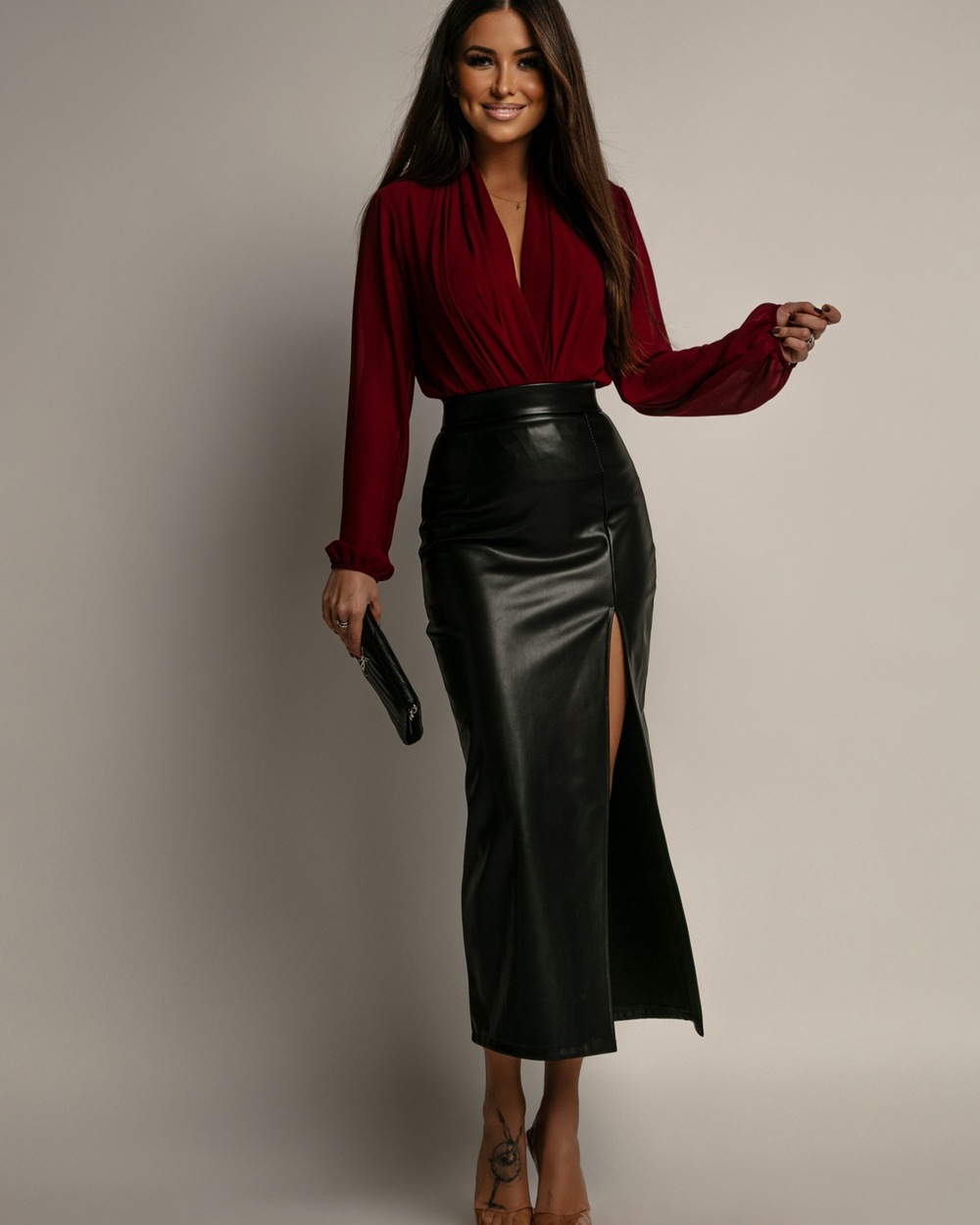 PU High Waisted Slim Fit Split Skirt