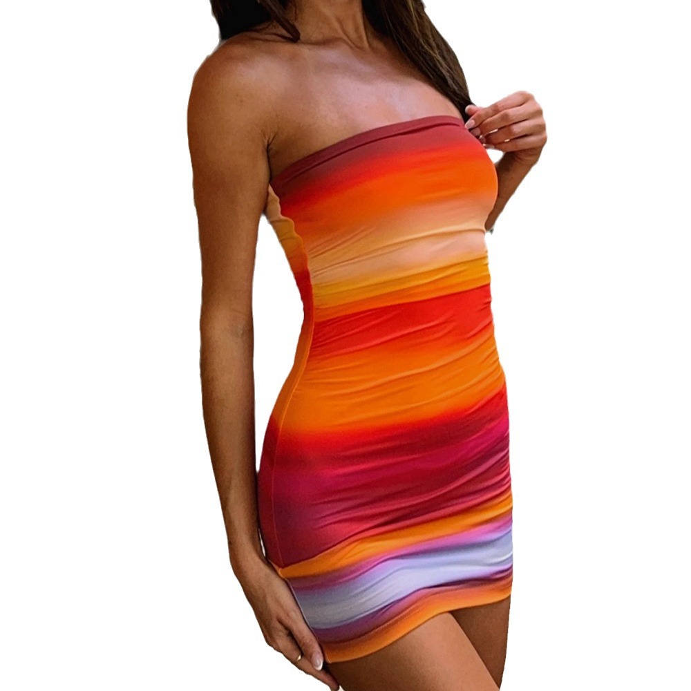 Unleash Your Sexy Charm with the Rainbow Print Sexy Strapless Pleated Waist Bag Hip Dress 