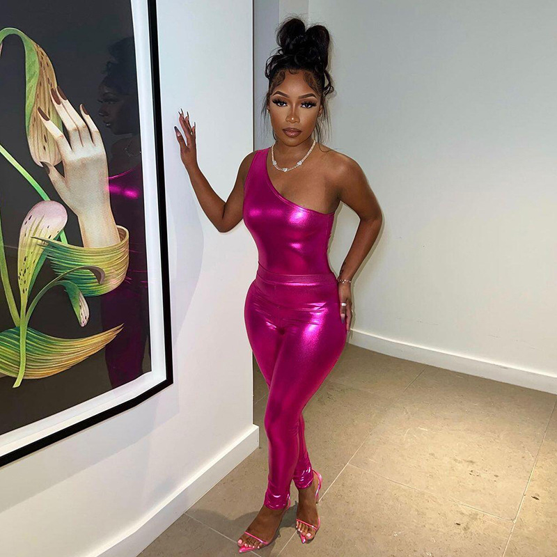 Sexy Shiny One Shoulder Top Jumpsuit With High Waist And Hip Coverage