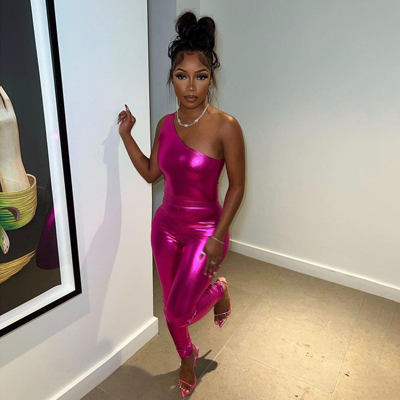 Sexy Shiny One Shoulder Top Jumpsuit With High Waist And Hip Coverage