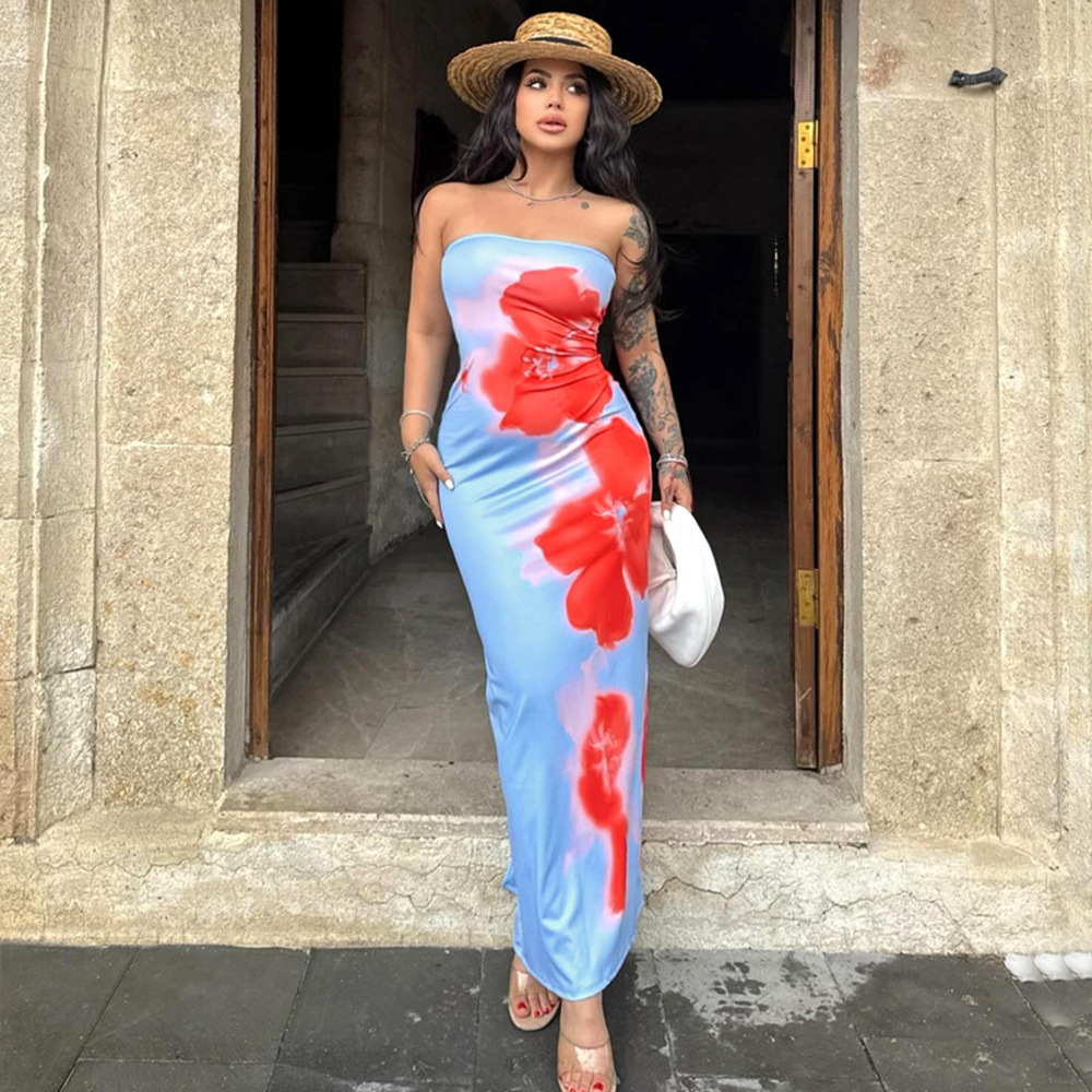 Sexy Strapless Printed Bag Hip Slit Dress