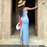 Sexy Strapless Printed Bag Hip Slit Dress