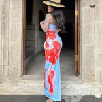Sexy Strapless Printed Bag Hip Slit Dress