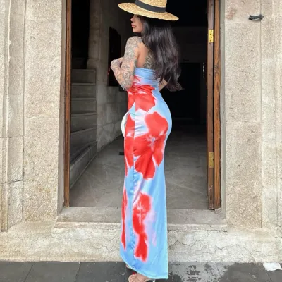 Sexy Strapless Printed Bag Hip Slit Dress 02