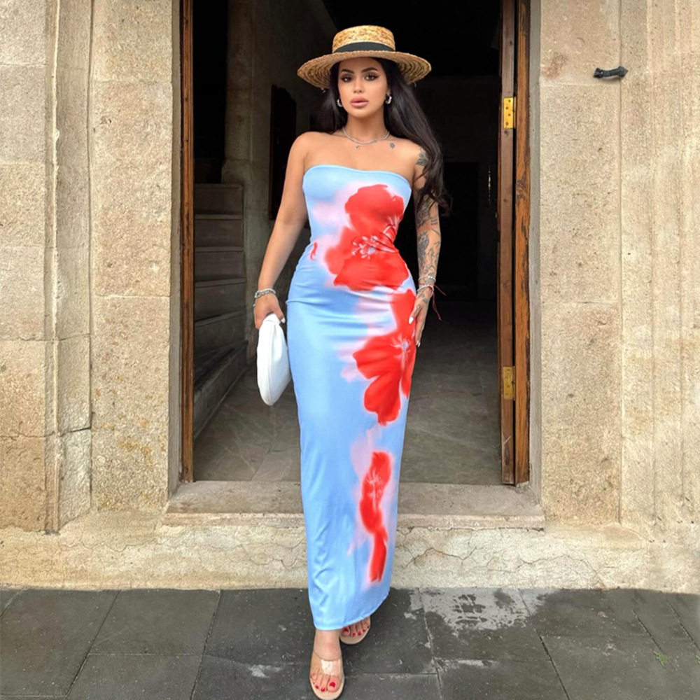 Sexy Strapless Printed Bag Hip Slit Dress