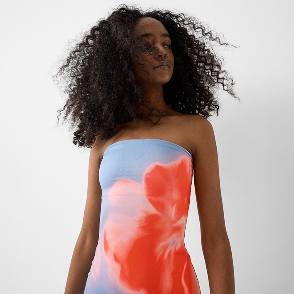 Sexy Strapless Printed Bag Hip Slit Dress