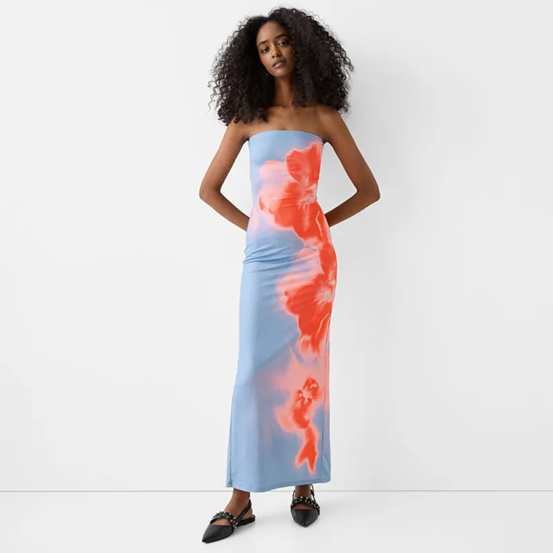 Sexy Strapless Printed Bag Hip Slit Dress