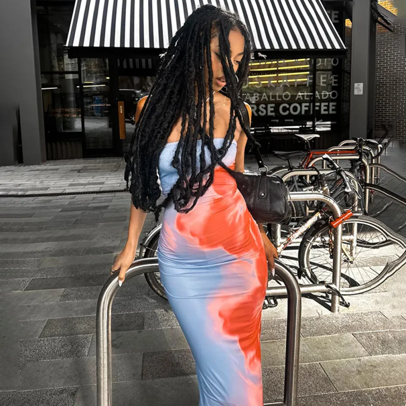 Sexy Strapless Printed Bag Hip Slit Dress