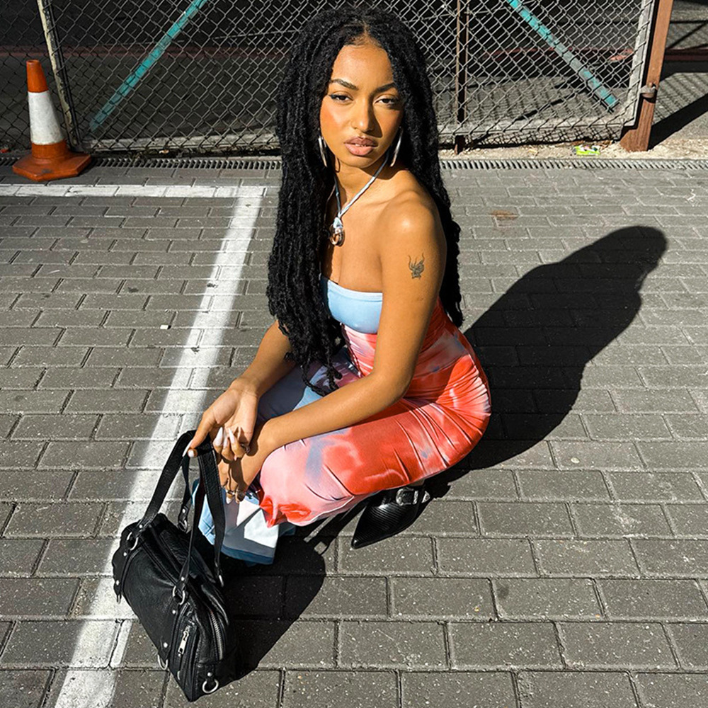 Sexy Strapless Printed Bag Hip Slit Dress