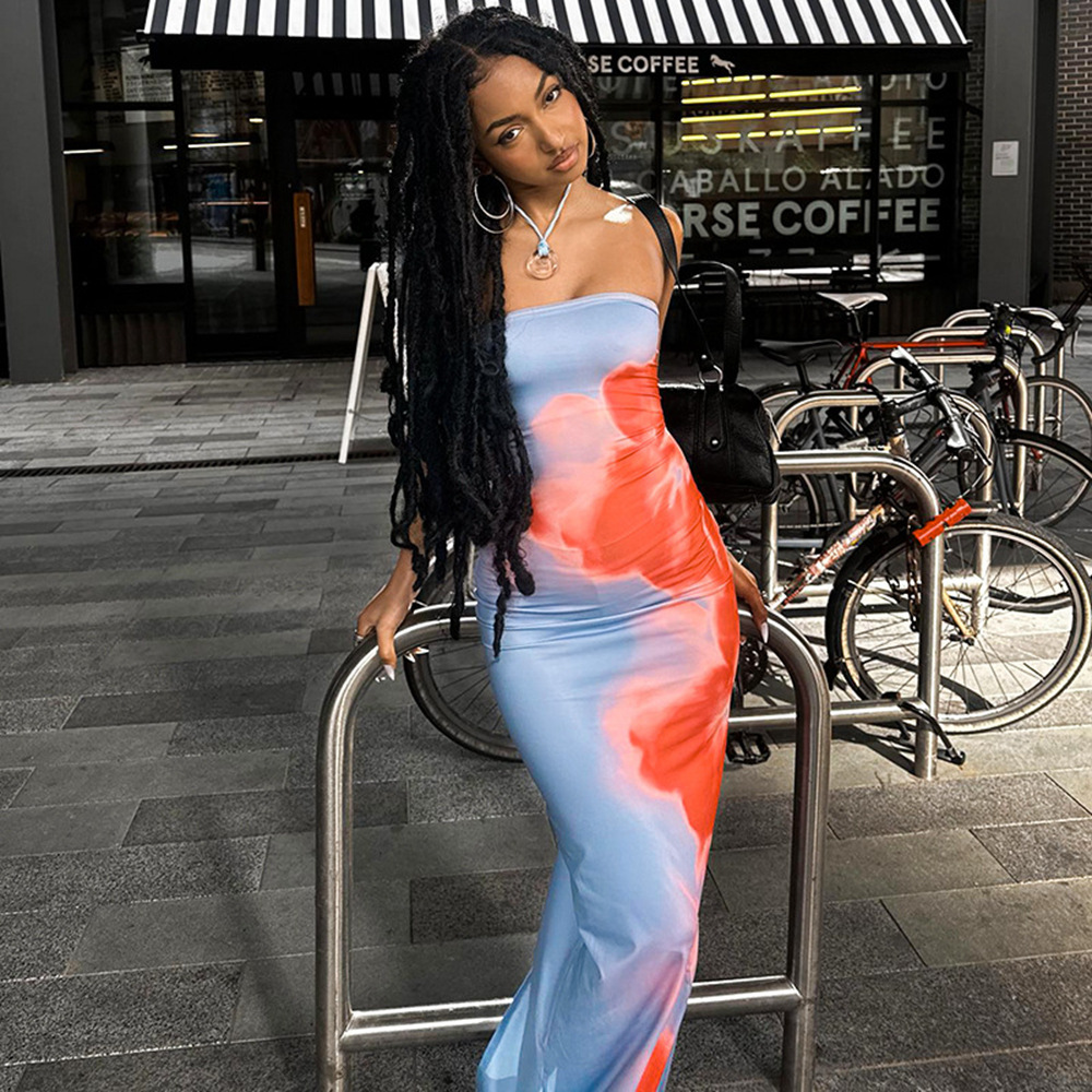 Sexy Strapless Printed Bag Hip Slit Dress