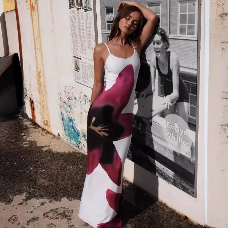 Sexy Suspender Print Bag Hip Slit Dress