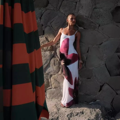 Sexy Suspender Print Bag Hip Slit Dress 02