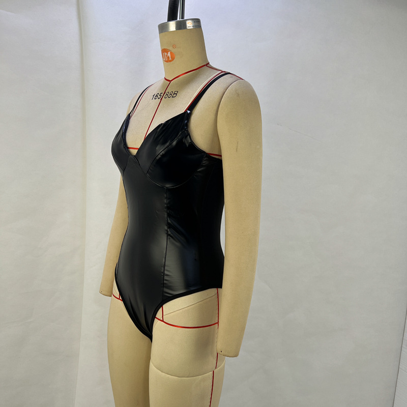 Sexy Suspender Waist Cinching Slimming PU Patchwork Women's Jumpsuit