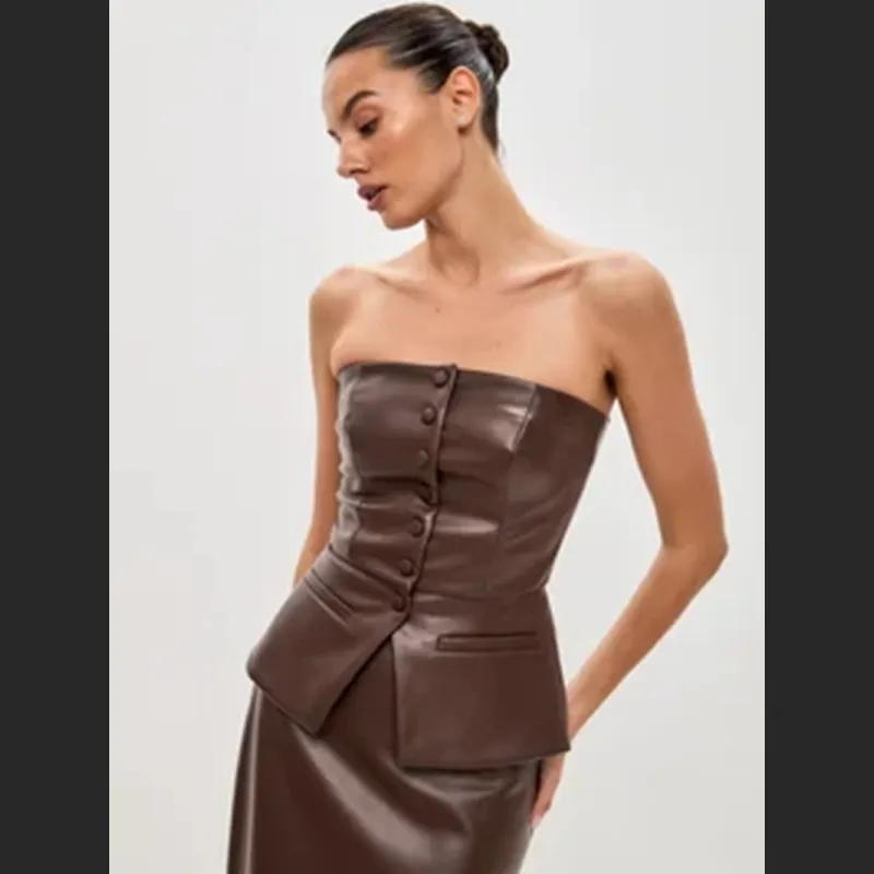 Single Breasted Sexy Strapless PU Strapless Vest