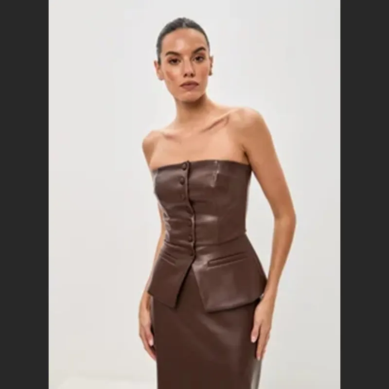 Single Breasted Sexy Strapless PU Strapless Vest