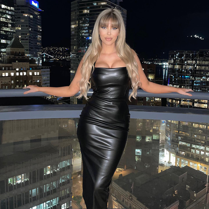 Tailored PU vest, long skirt, camisole dress