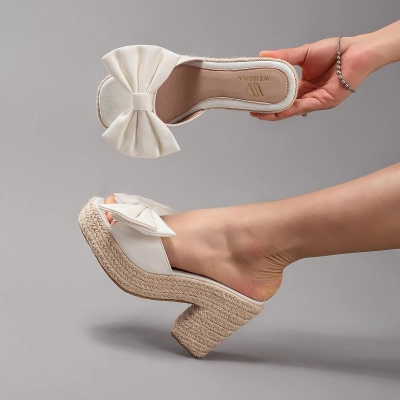 Bow Tie Hemp Rope Wedge Heel Thick Soled Sandals 01
