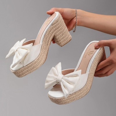 Bow Tie Hemp Rope Wedge Heel Thick Soled Sandals 02