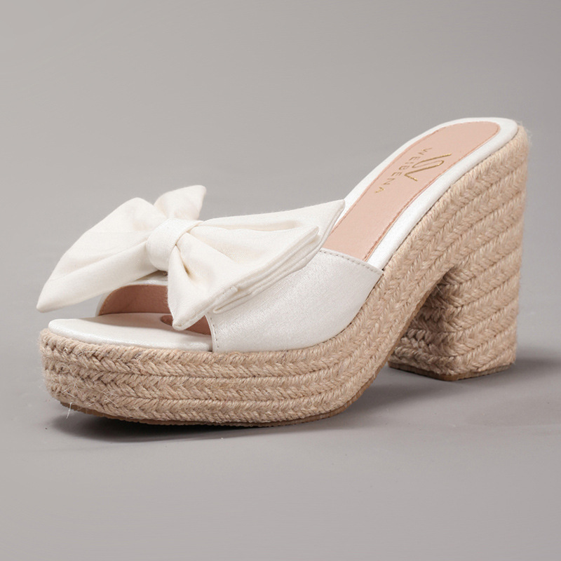 Bow Tie Hemp Rope Wedge Heel Thick Soled Sandals