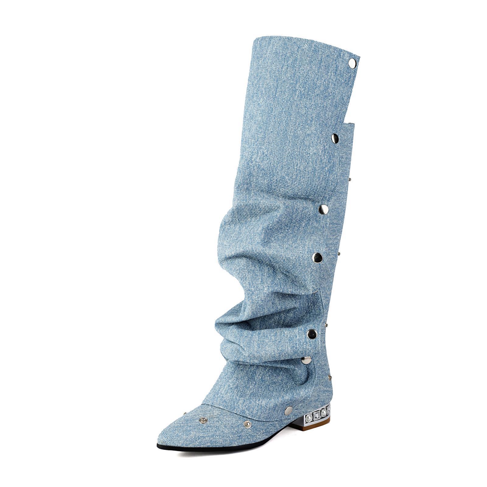 British Cowboy Boots, Fashionable Rivet Boots, High Tube, Mid Heel