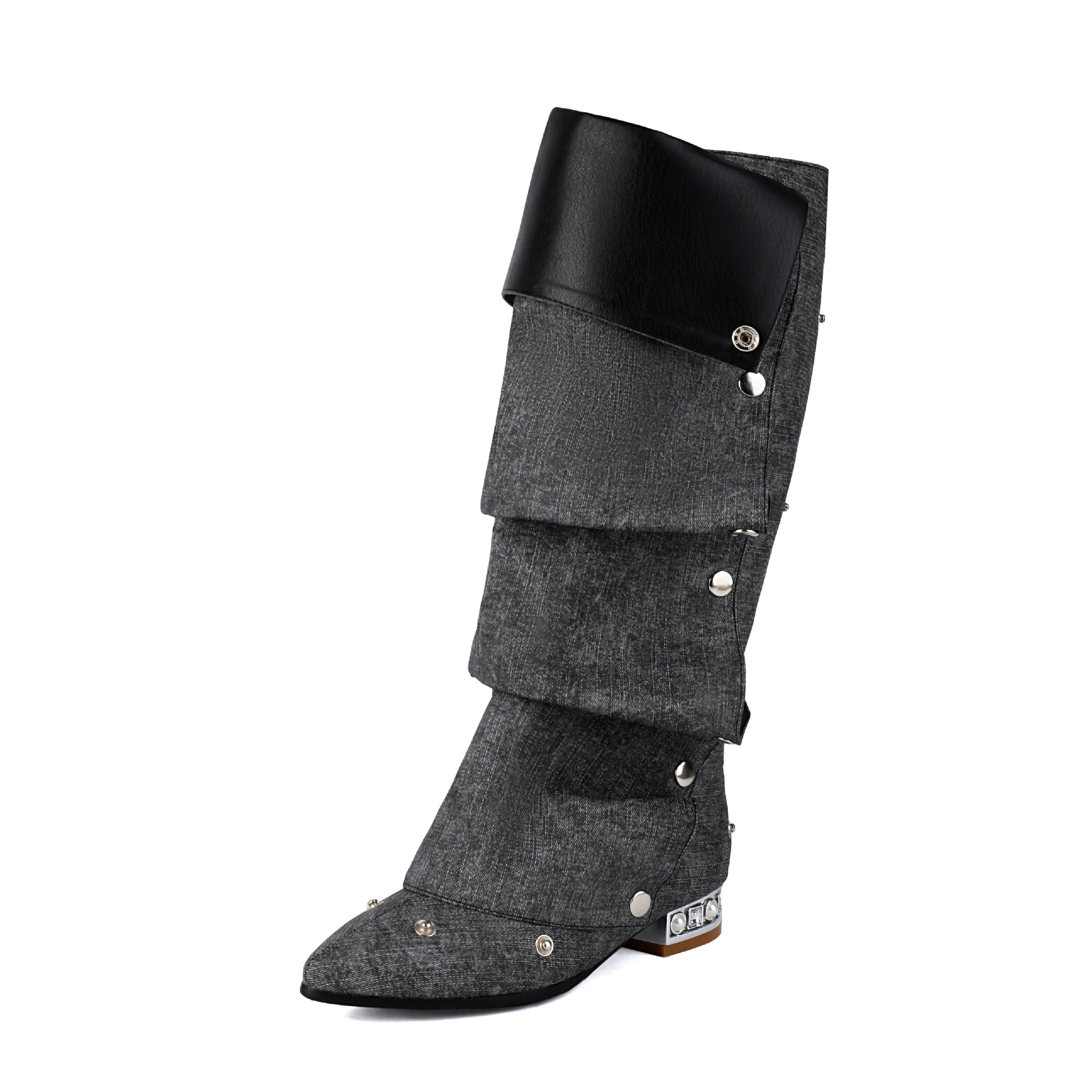 British Cowboy Boots, Fashionable Rivet Boots, High Tube, Mid Heel