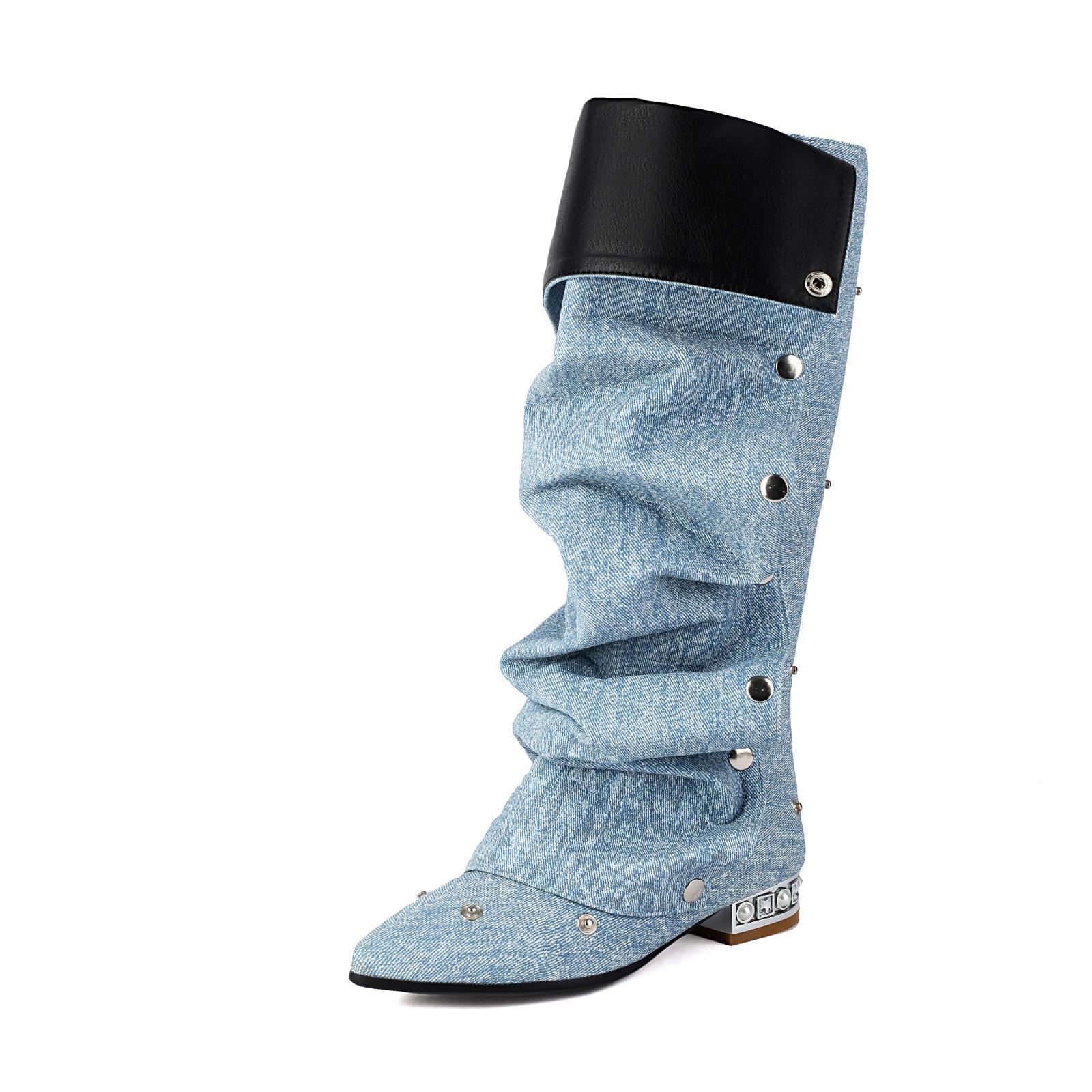 British Cowboy Boots, Fashionable Rivet Boots, High Tube, Mid Heel