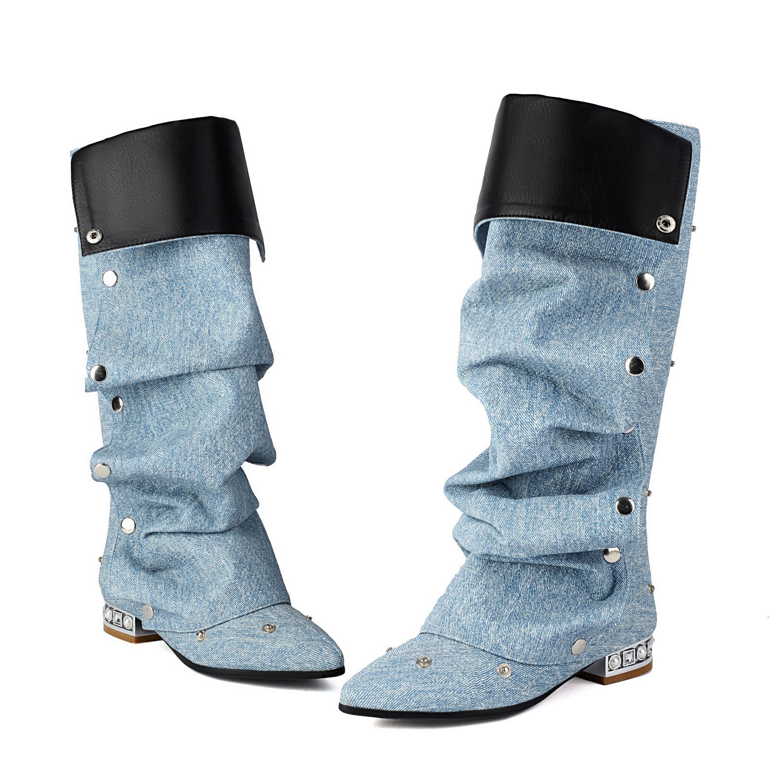 British Cowboy Boots, Fashionable Rivet Boots, High Tube, Mid Heel