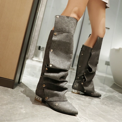 British Cowboy Boots, Fashionable Rivet Boots, High Tube, Mid Heel 02