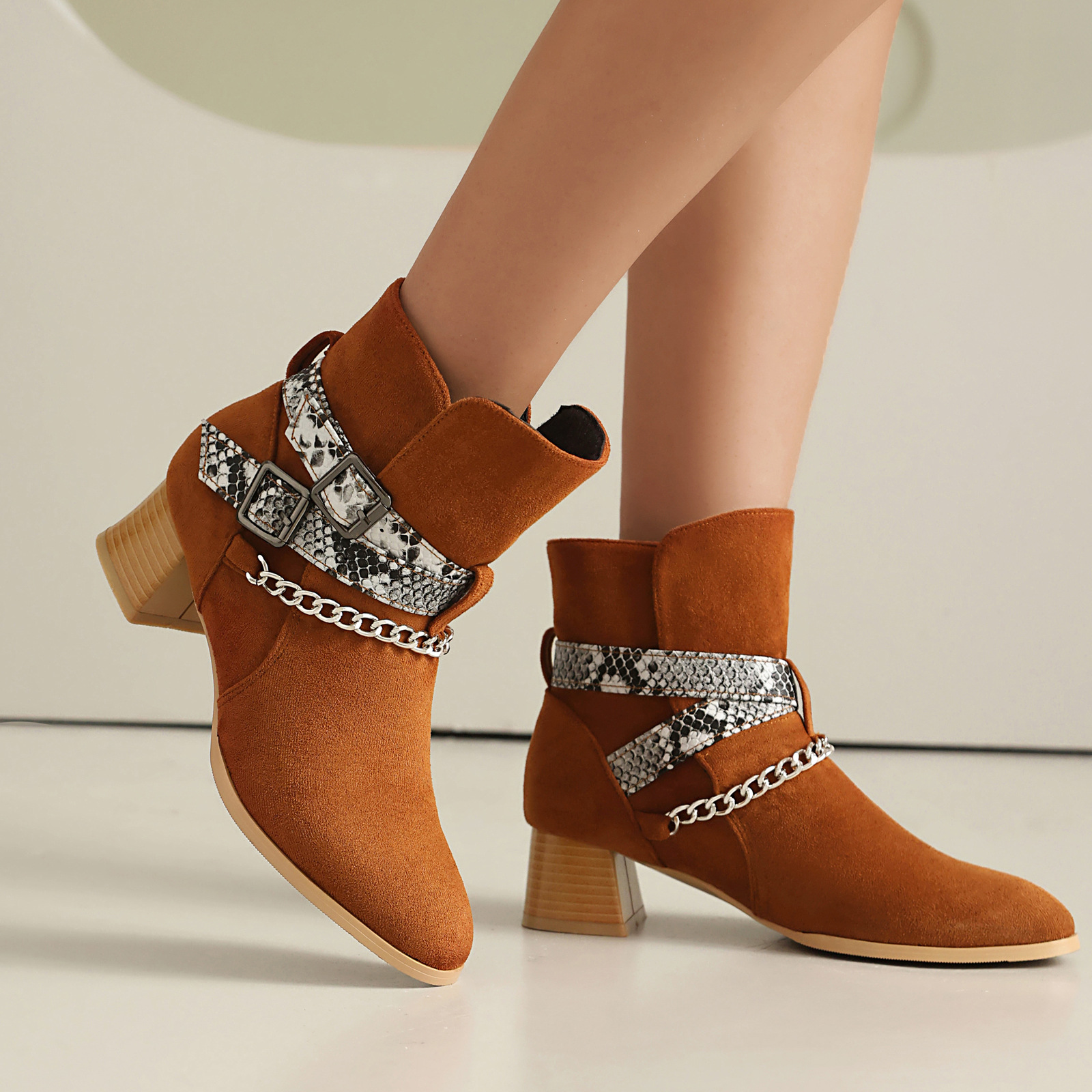 Color Blocked Belt Buckle Short Boots, British Trend Martin Boots