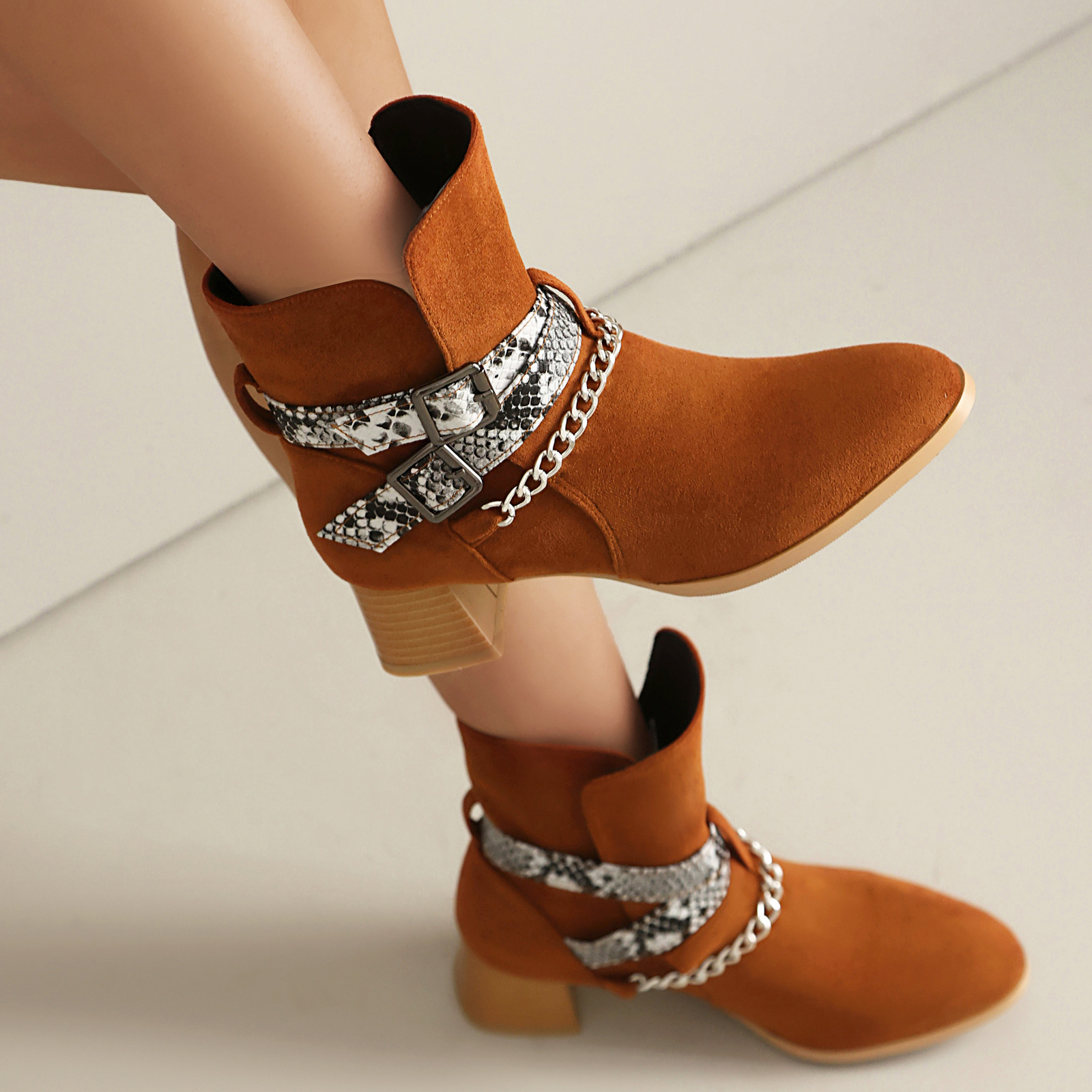 Color Blocked Belt Buckle Short Boots, British Trend Martin Boots