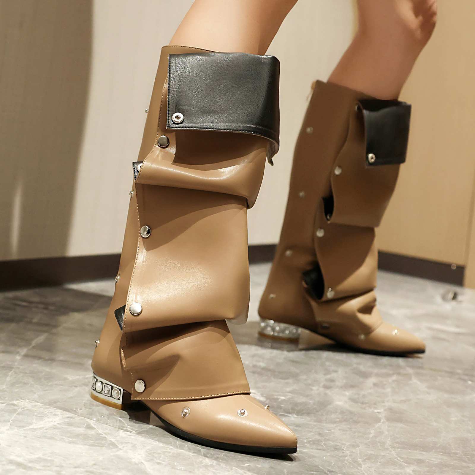 Cowboy Boots, Fashionable Rivet Boots, High Tube, Thick Heel, Middle Heel