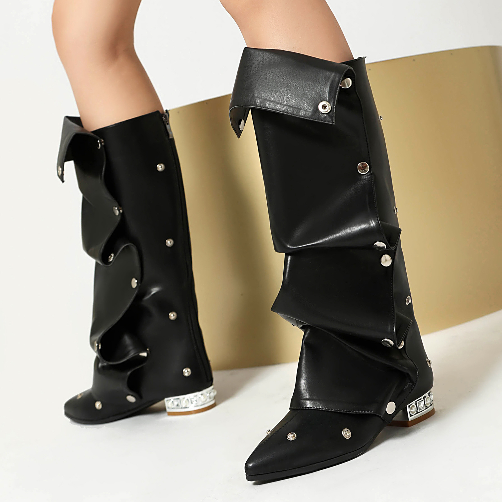 Cowboy Boots, Fashionable Rivet Boots, High Tube, Thick Heel, Middle Heel