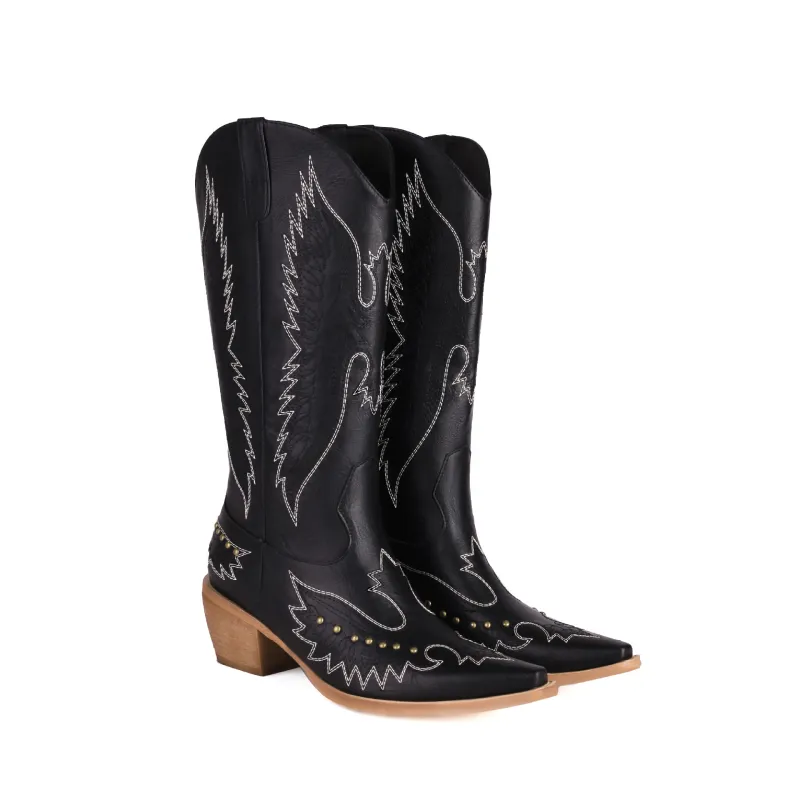 Fashionable Embroidered Pointed Riveted Boots