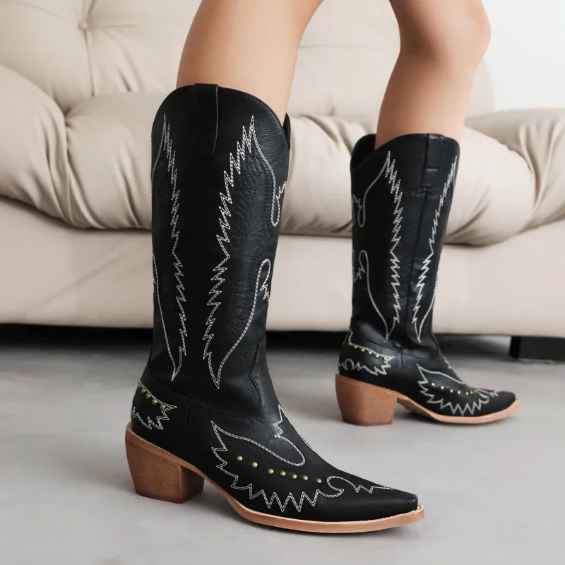 Fashionable Embroidered Pointed Riveted Boots