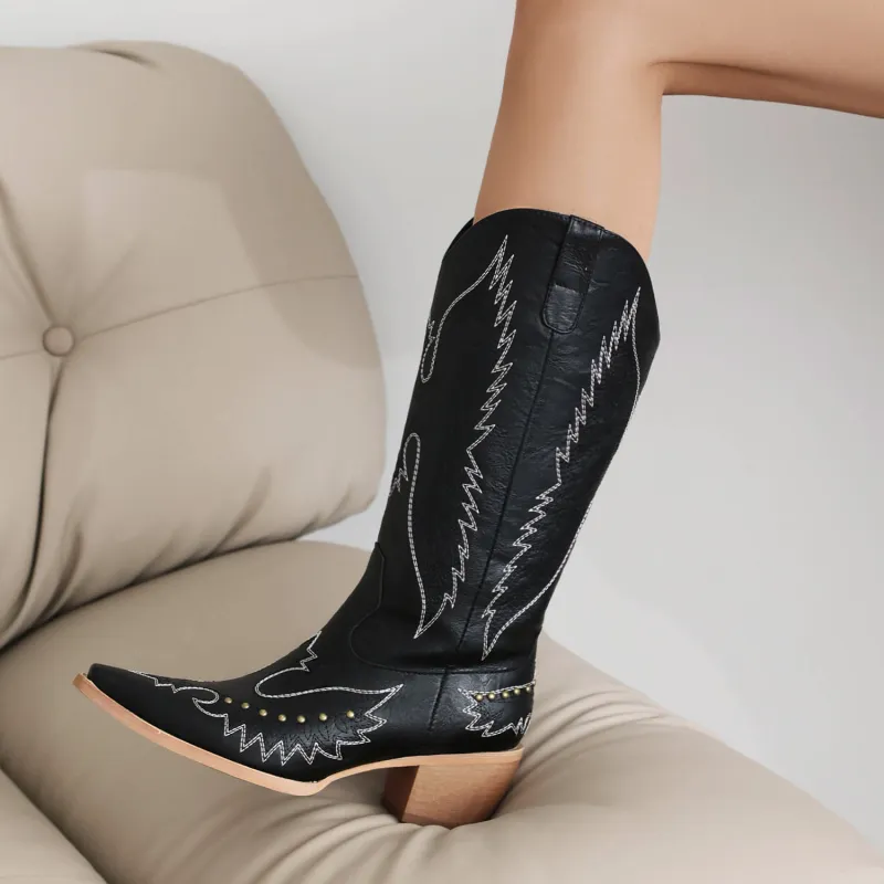 Fashionable Embroidered Pointed Riveted Boots