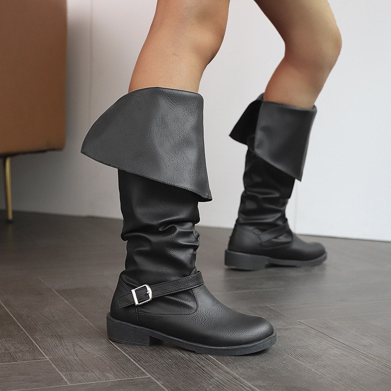 Flip Up High Top Leather Boots With Front Lace Up Martin Boots