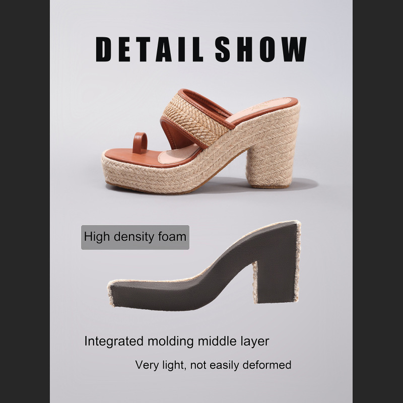 Hemp Rope Slope And Thick Soled Sandals With Toe Pinching