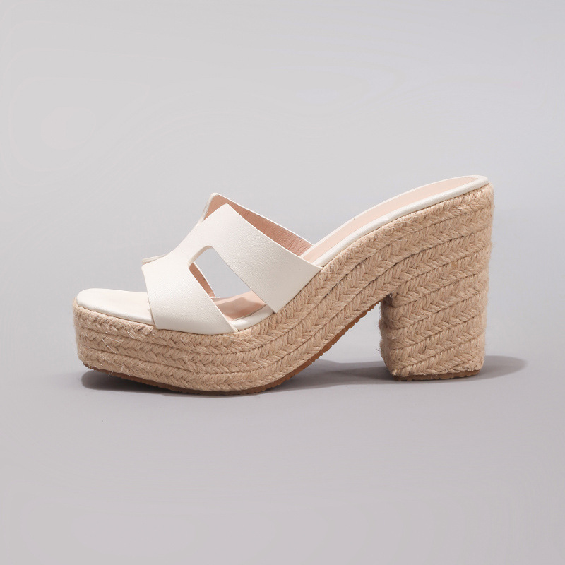 Hemp Rope Thick Bottomed White Wedge Sandals Woven With Grass Rope