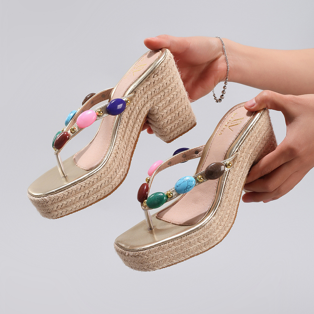 Hemp Rope Wedge Sandals With Colorful Beaded Toe Clips