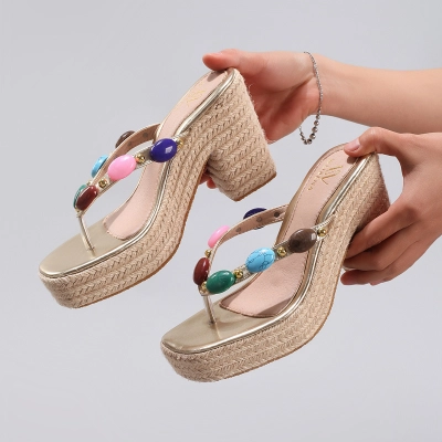 Hemp Rope Wedge Sandals With Colorful Beaded Toe Clips 02