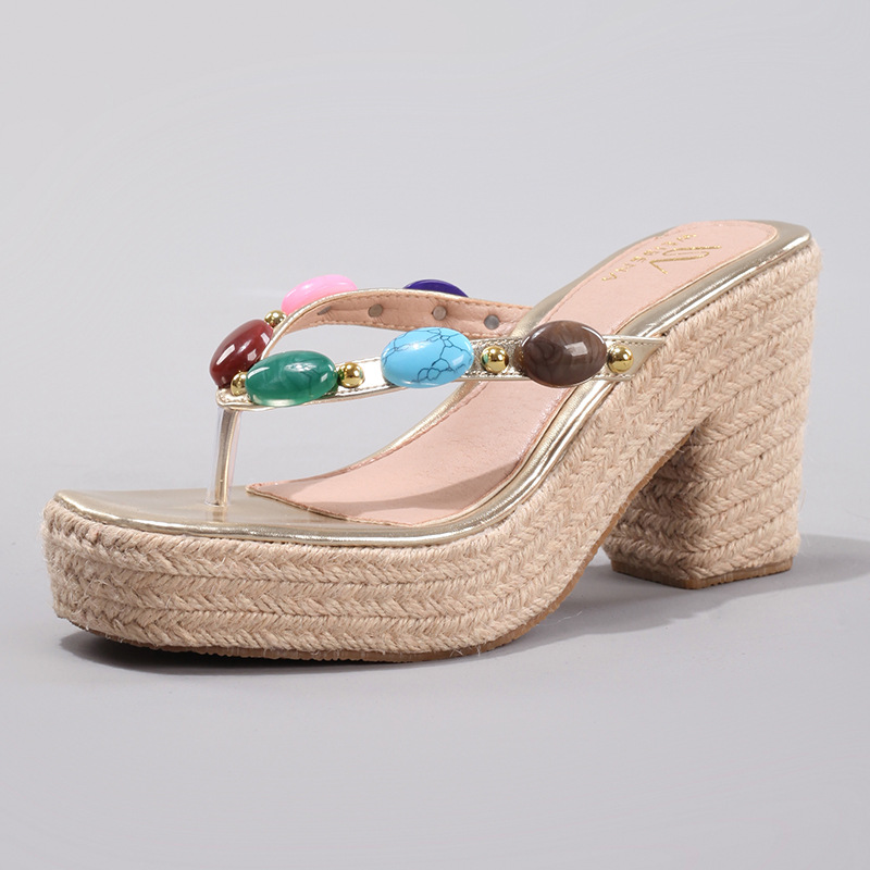 Hemp Rope Wedge Sandals With Colorful Beaded Toe Clips
