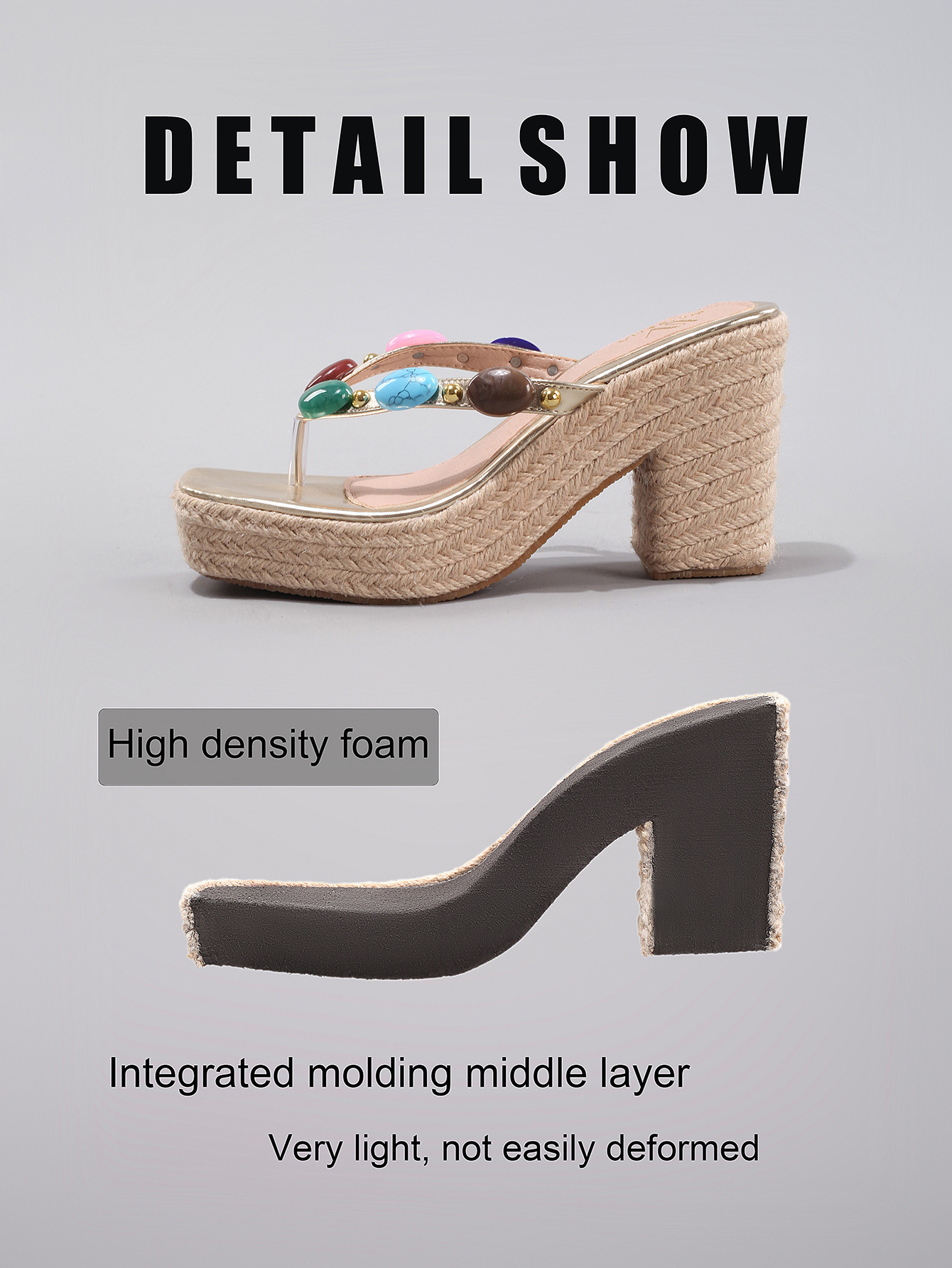 Hemp Rope Wedge Sandals With Colorful Beaded Toe Clips