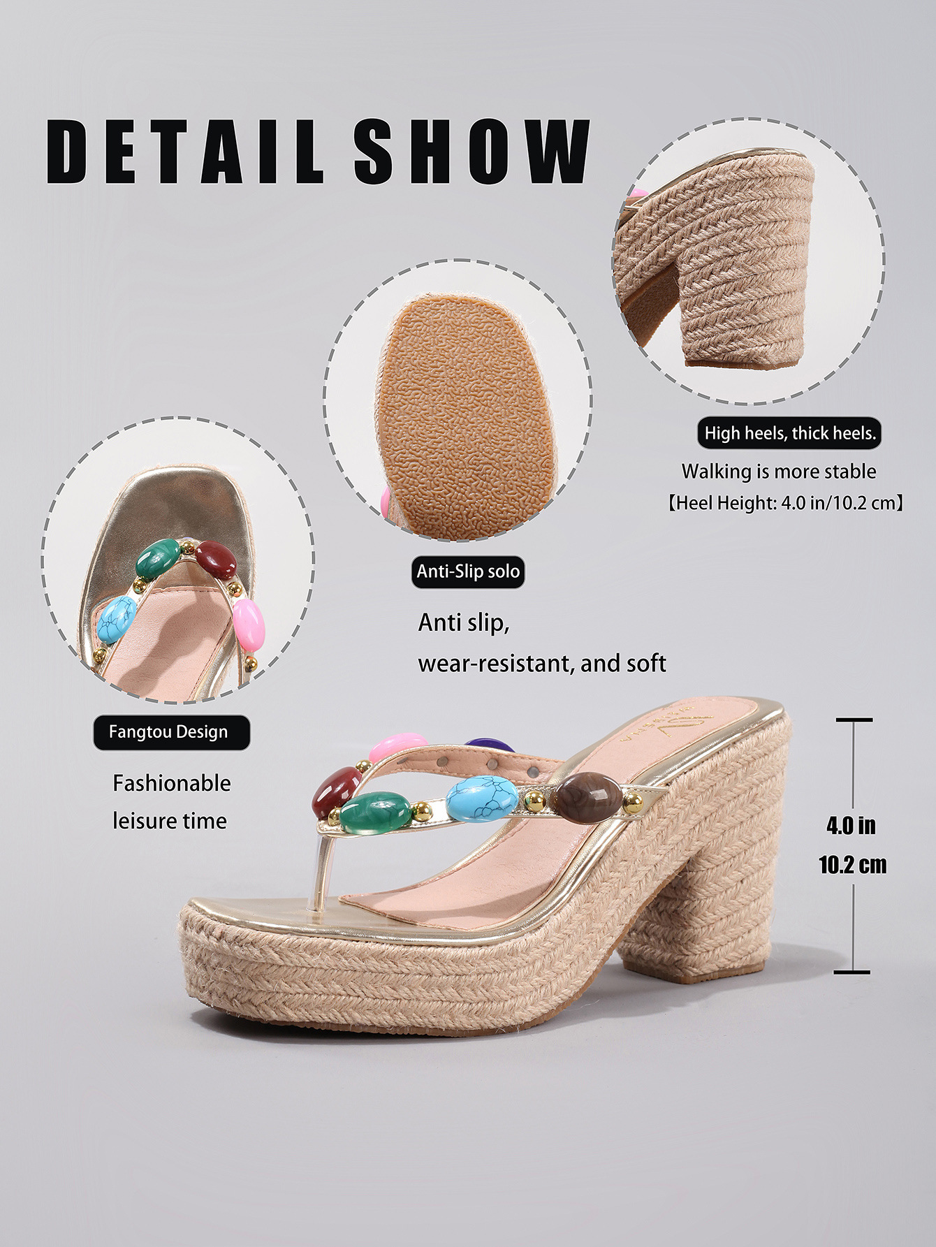 Hemp Rope Wedge Sandals With Colorful Beaded Toe Clips