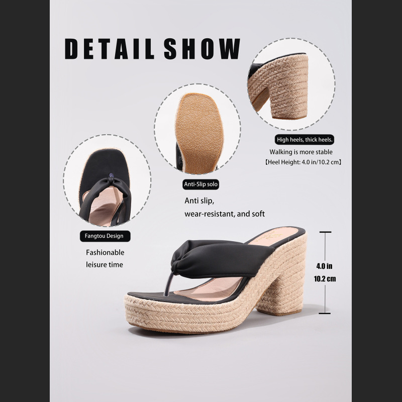 Linen Slope And Summer Vacation Waterproof Platform High Heels