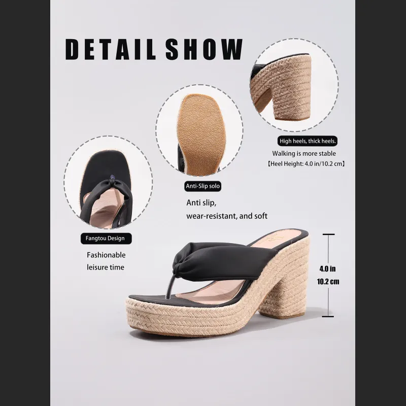 Linen Slope And Summer Vacation Waterproof Platform High Heels