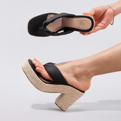 Linen Slope And Summer Vacation Waterproof Platform High Heels 02