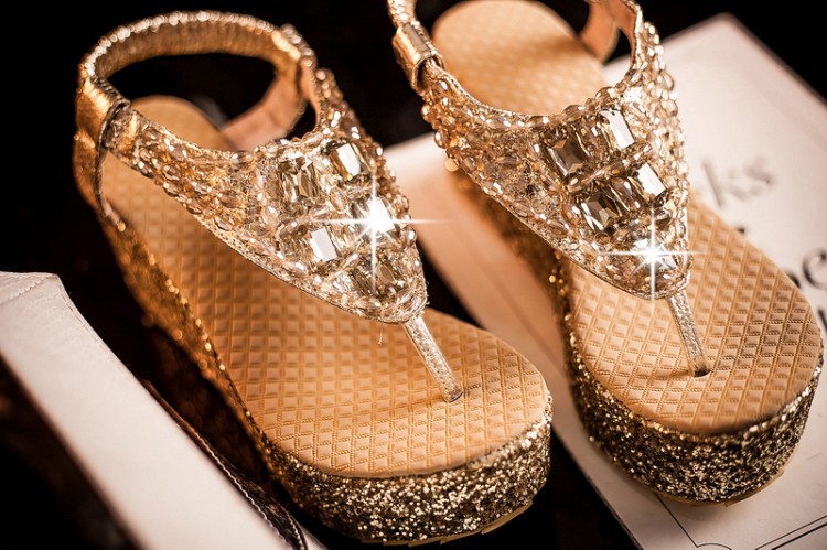 Rhinestone Fashion Shoes, Clip Toe Sandals, Thick Soled Sloping Heel Casual Shoes