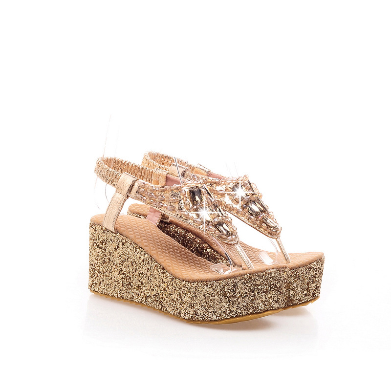 Rhinestone Fashion Shoes, Clip Toe Sandals, Thick Soled Sloping Heel Casual Shoes