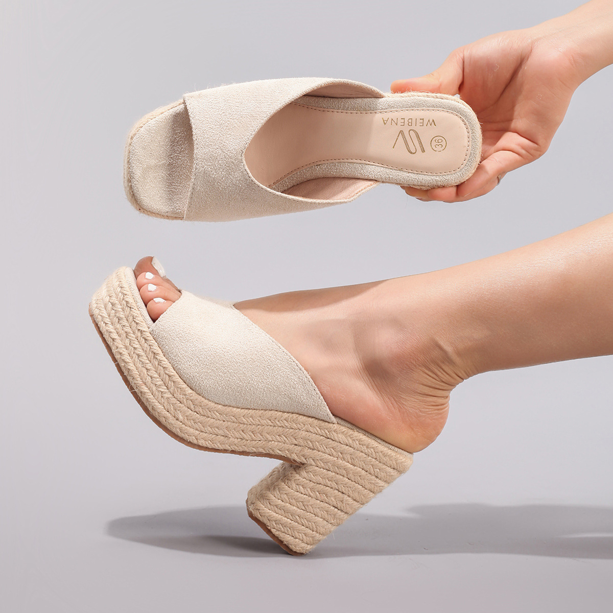 Slope Heel Thick Soled Sandals With Suede Texture